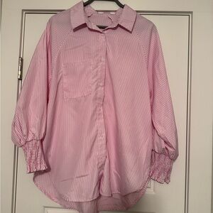 Pink Striped Button-Up Shirt Smocked Ruffle Sleeves and Side Pockets - Size L